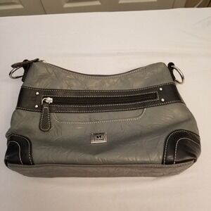 Stone & Co Gray Black Faux Leather Shoulder Bag Hobo Purse Contrast Stitching